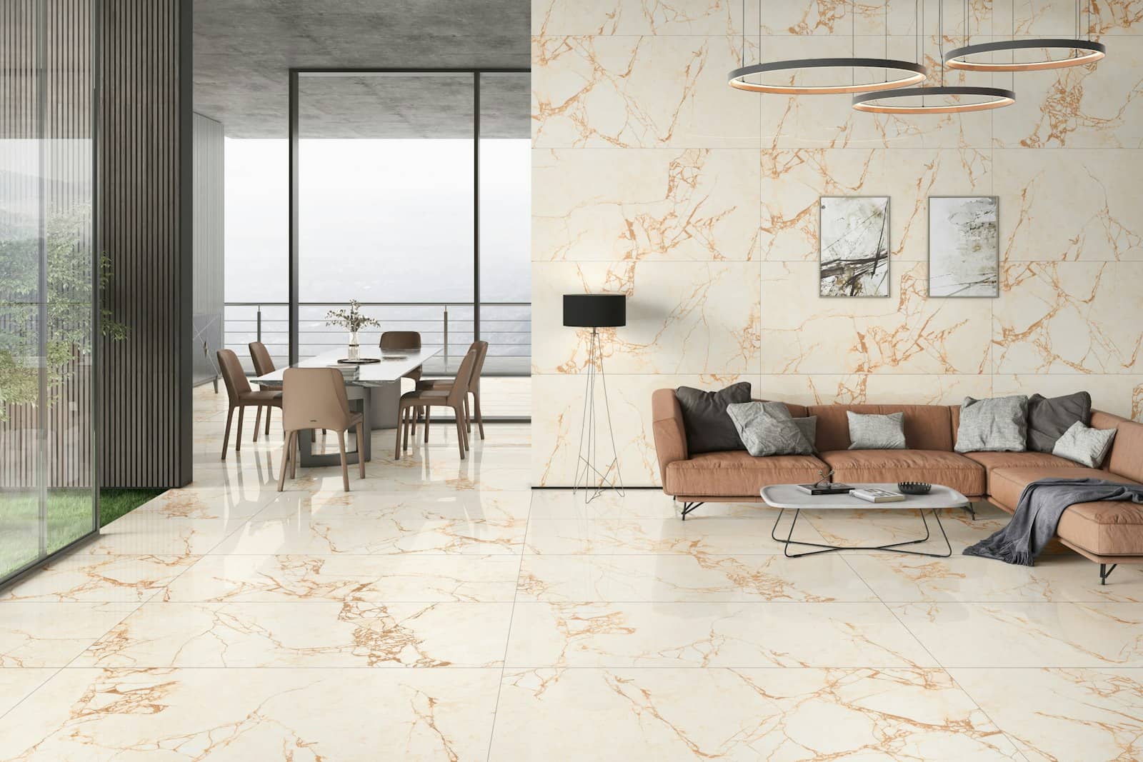 Open-plan room with large-format marble-effect floor tiles