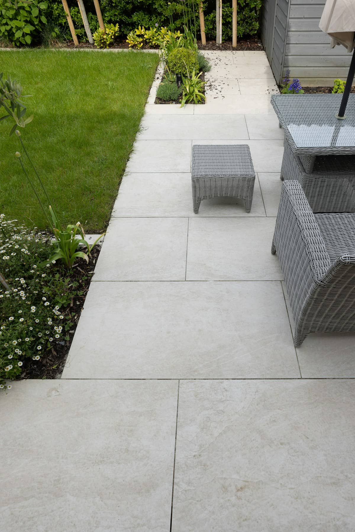 Outdoor porcelain paving tiles on a garden patio